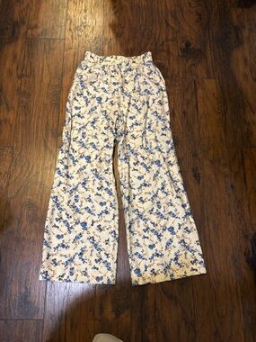 Floral Wide-Leg Lounge Pants in Cream and Blue